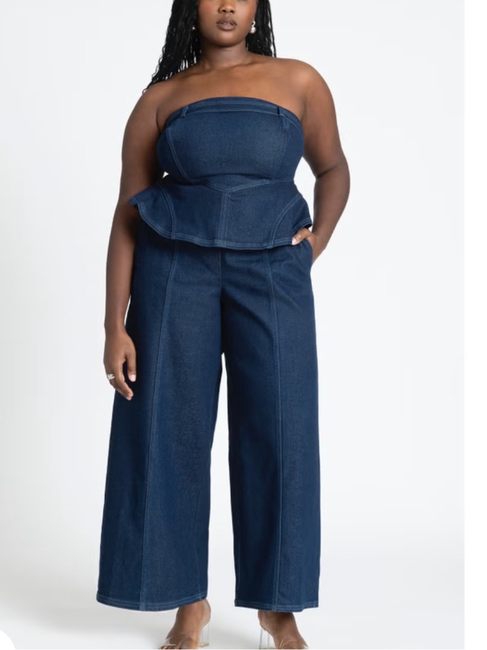 strapless denim dark wash wide leg jumpsuit